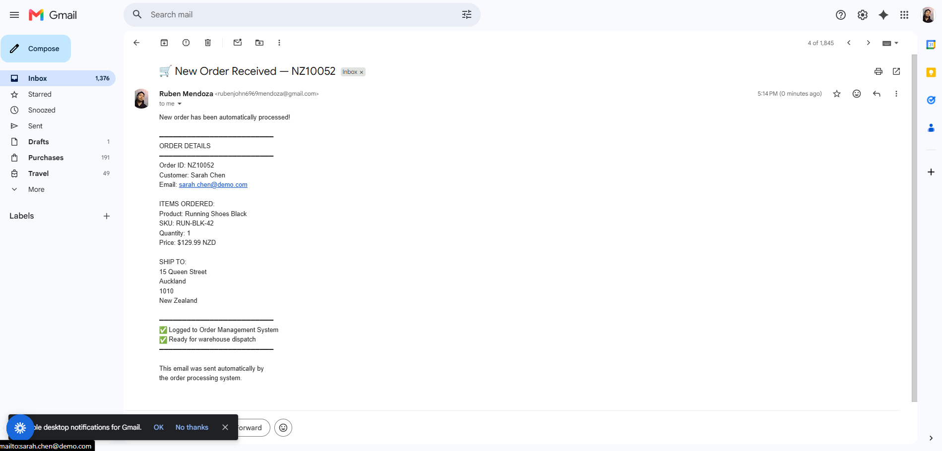 Gmail order confirmation email