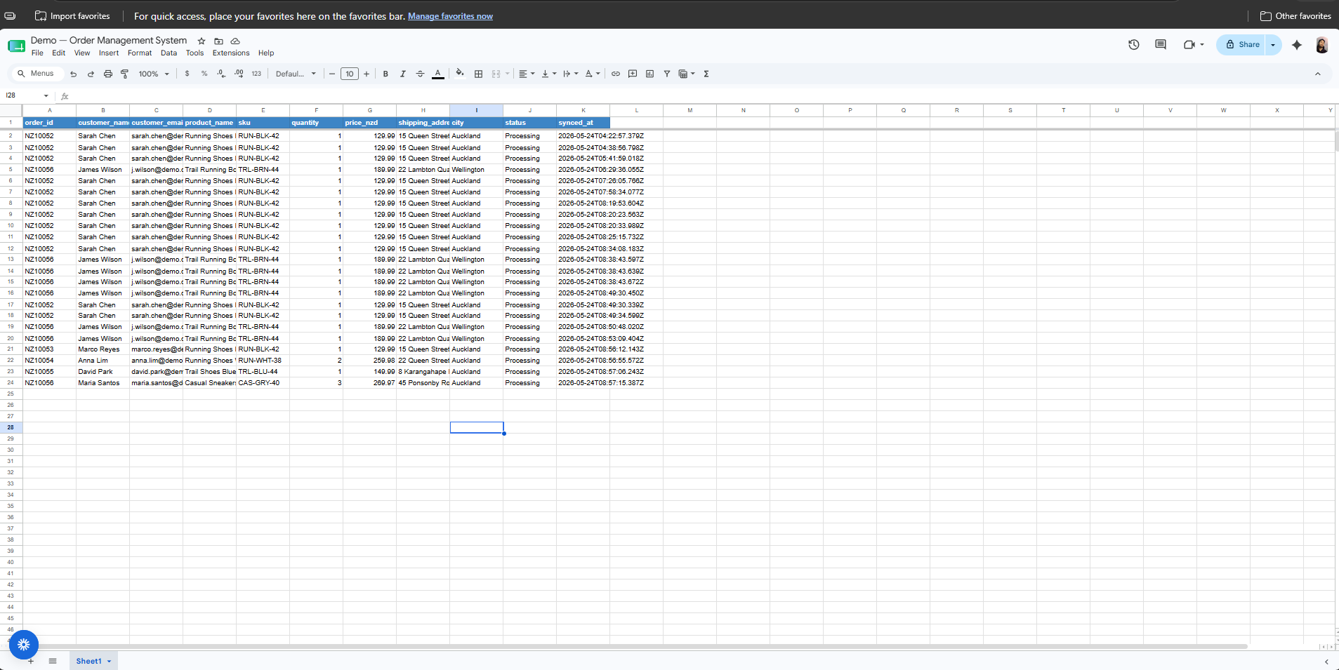 Google Sheets order log with appended rows