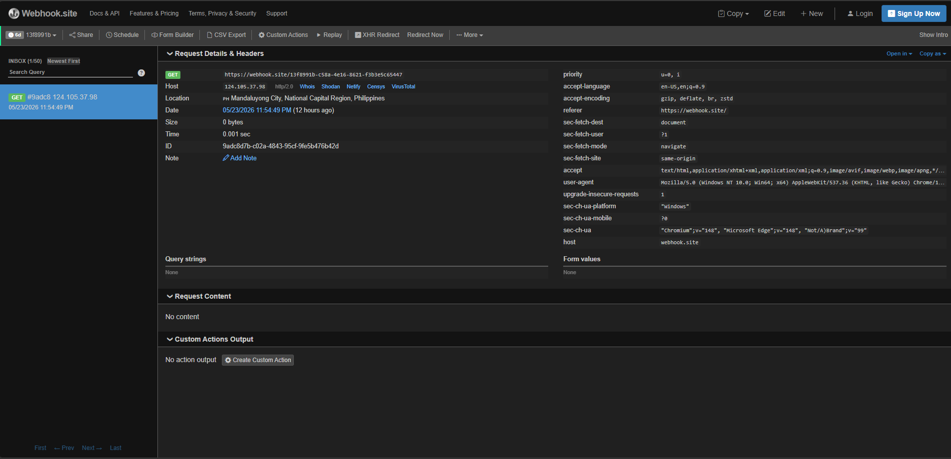 Webhook.site request inspector showing the incoming order payload