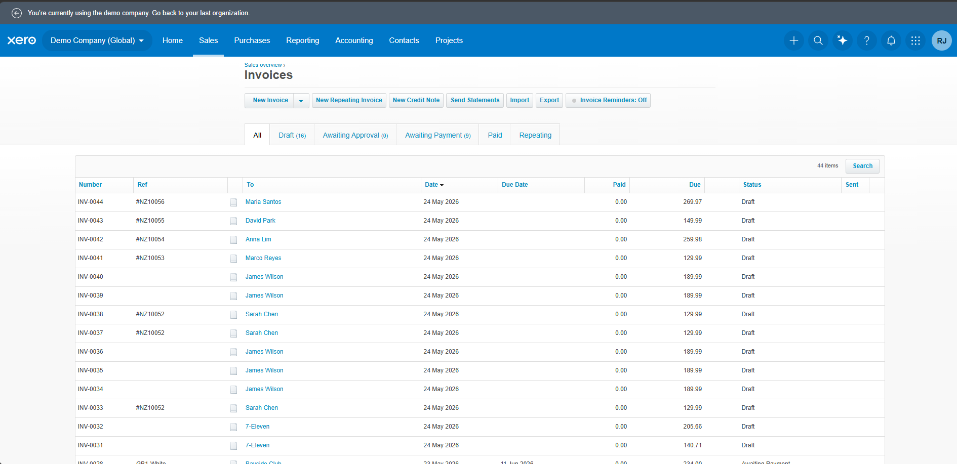 Xero invoice records used in the reconciliation workflow