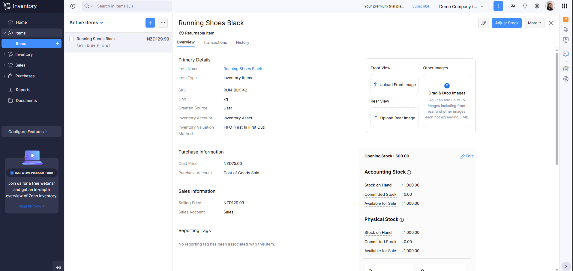 Zoho Inventory item record and stock levels